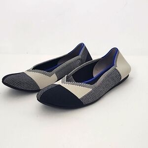 Rothy's | 8W| Royal Blue + Cream Geometric Color Block Print Cap Toe Flat